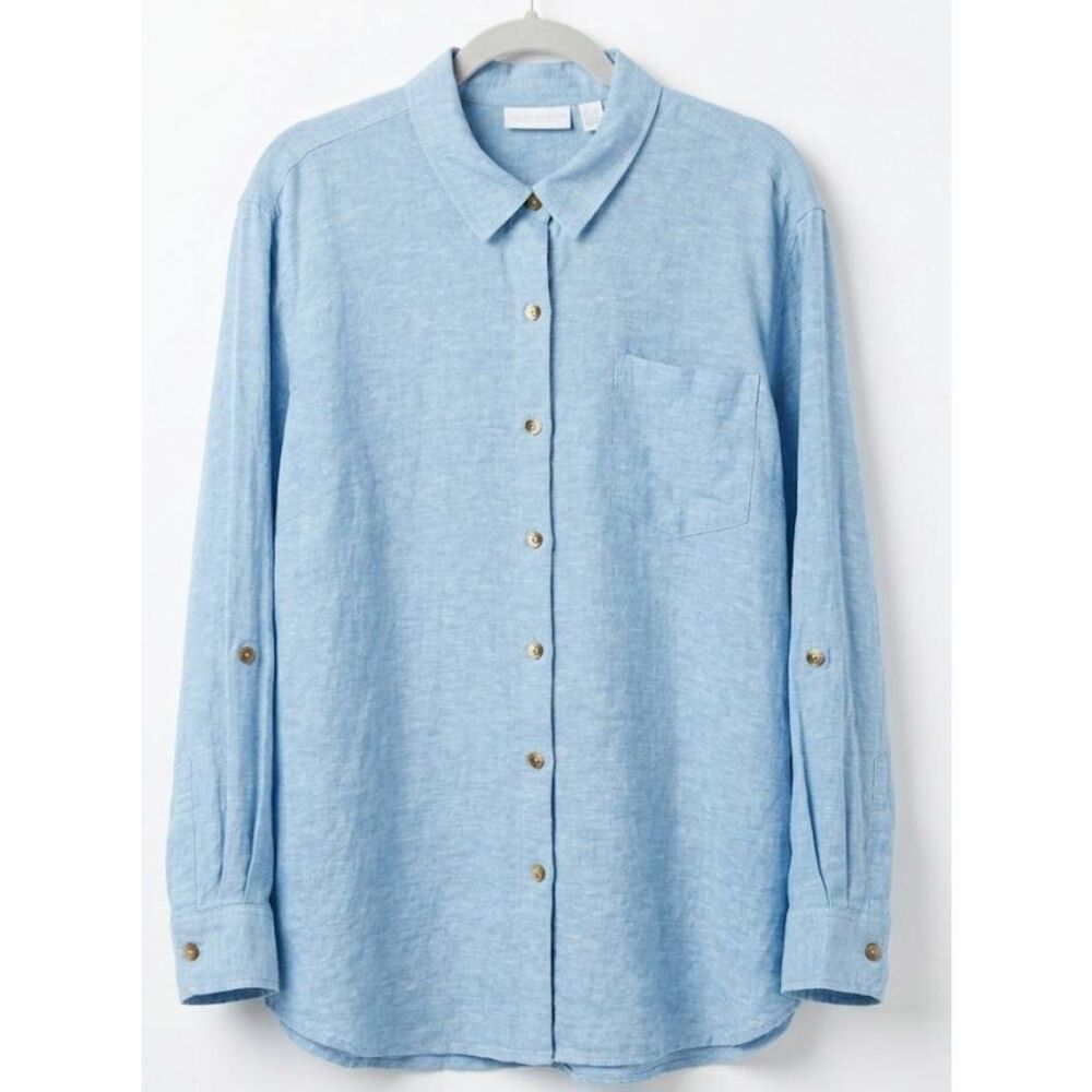Susan graver womens large linen shirt blue tab sleeve shirt with side pockets